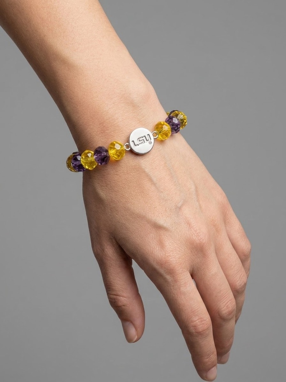 LSU Gold and Purple Faceted Bead Bracelet with Logo Disc